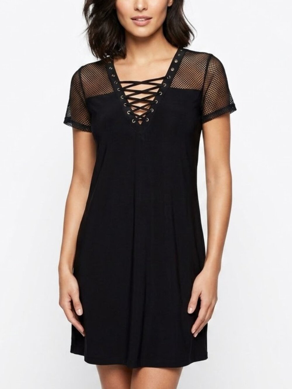 Derek Heart Women's Fishnet Tie V-Neck Short Sleeve Mini Dress Got Punk Sz Med